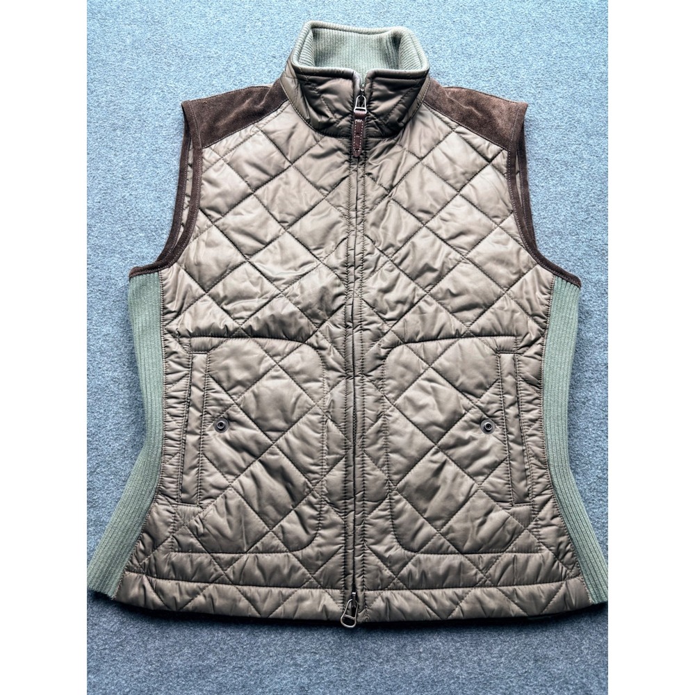 Ralph Lauren Quilted Vest Womens Small Brown Green Suede Trim Equestrian Puffer